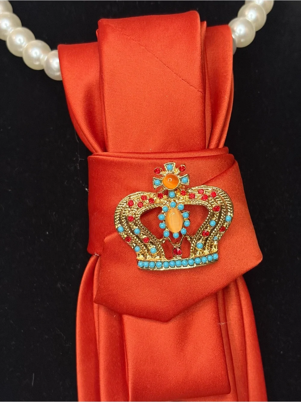 Orange Satin Necklace Tie  with Crown Brooch